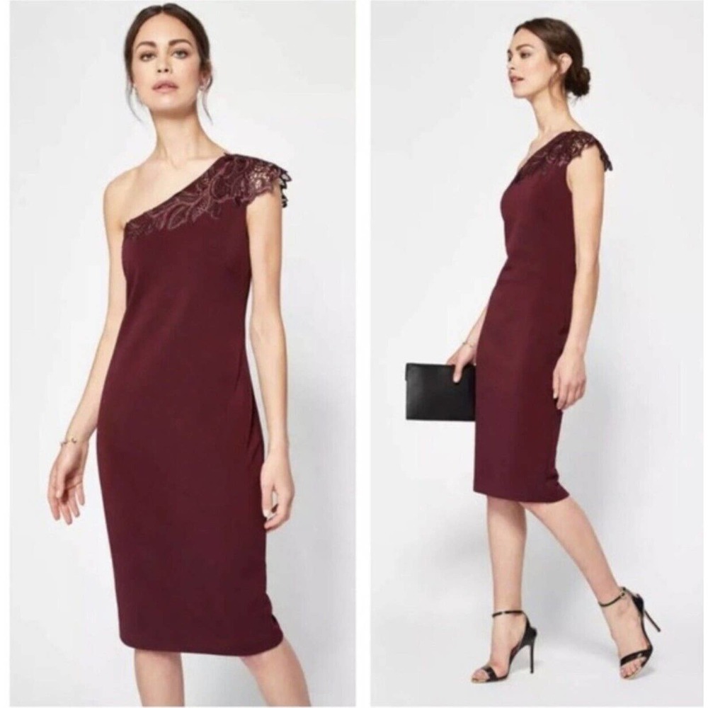 NWT Ted Baker London Jalis Burgundy One Shoulder Cocktail Dress Size 10